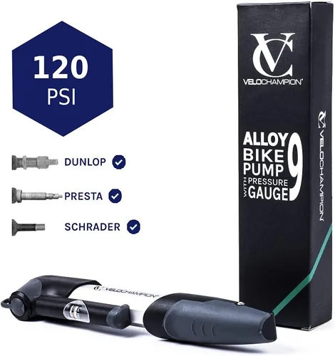 Vista 5 de VeloChampion Mini bomba de bicicleta de aleación adecuada para Presta, Schrader y Dunlop, portátil, compacta, duradera y fácil de usar