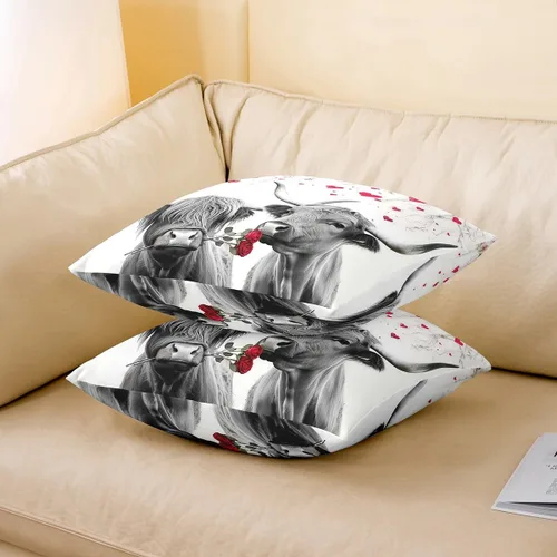 Vista 3 de Erosebridal Juego de 2 fundas de almohada románticas de 16 x 16 pulgadas con diseño de vaca para parejas, diseño de corazón rojo, árbol, granja, San