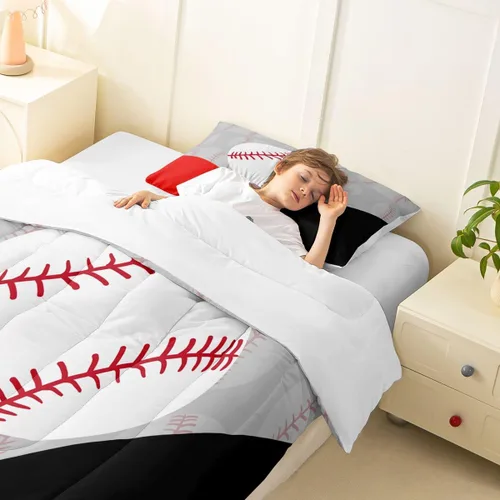 Vista 2 de Jejeloiu Juego de edredón deportivo para niños de tamaño individual, edredón de juego de béisbol para niños y niñas, juego de edredón transpirable