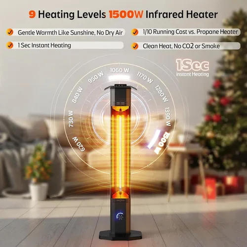 Vista 3 de Calentador eléctrico para patio al aire libre, calentador de torre infrarrojo de 42 pulgadas de 1500 W con 9 ajustes de calor y temporizador de 9