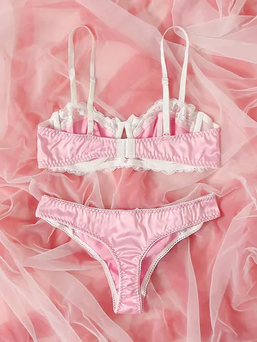 Vista 2 de Verdusa Conjunto de lencería de satén de encaje floral con nudo de lazo para mujer