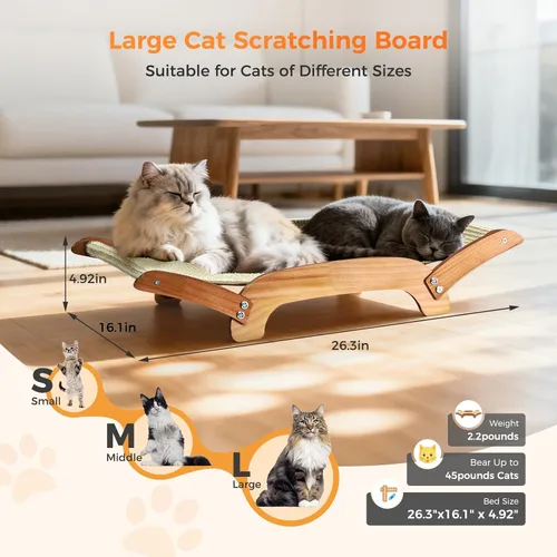 Vista 2 de Cama rascador de sisal 3 en 1 extra grande para gatos, almohadilla rascador de 26 pulgadas para gatos grandes, sisal natural con marco de madera