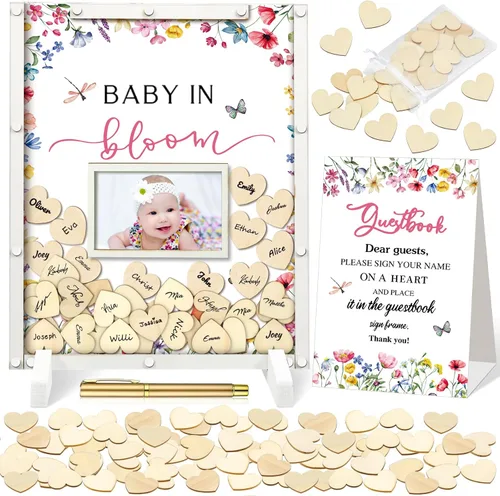 Vista 23 de Beeveer 65 piezas de libro de invitados para baby shower, libro de invitados azul para baby shower, libro de invitados con marco de fotos y 60 chips