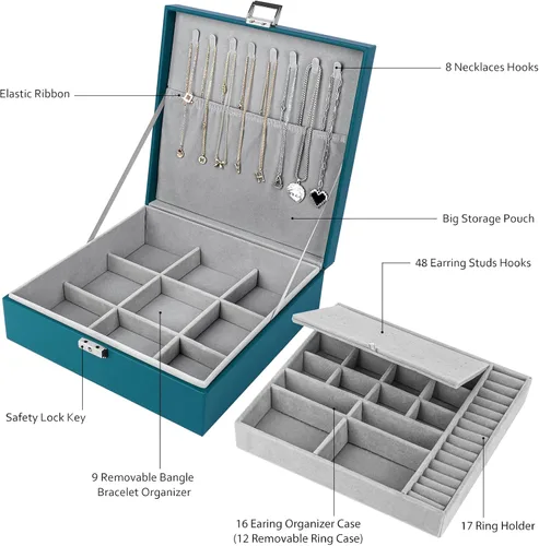 Vista 6 de SIMBOOM Joyero organizador para mujeres y niñas 2 capas de almacenamiento de joyas grande con cerradura organizador de joyas y relojes de cuero