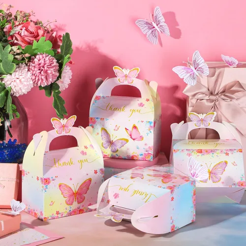 Vista 4 de Nezyo - 12 cajas de regalo de fiesta de mariposa, cajas de regalo de dulces de papel floral rosa morado a dos aguas con mango de mariposa