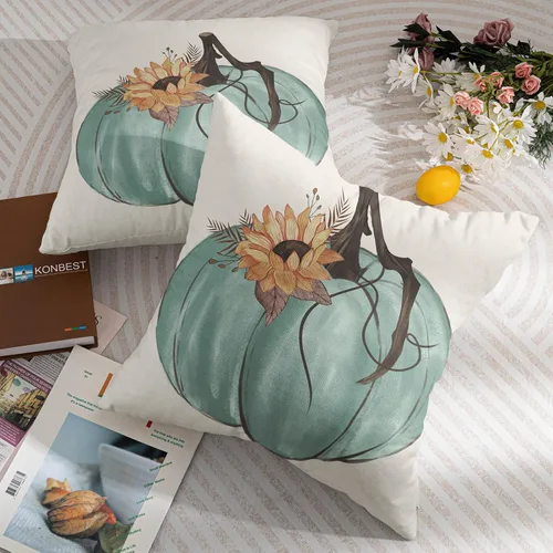 Vista 7 de Juego de 2 fundas de almohada de otoño de 16 x 16 pulgadas, color azul aguamarina, calabaza, girasol, cosecha, Acción de Gracias, para exteriores