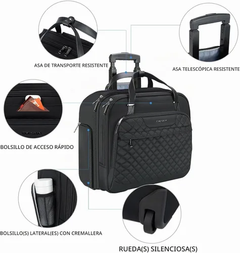 Vista 4 de EMPSIGN - Maletín con ruedas para laptop para mujer, 15.6 pulgadas, color negro Water-Repellent, Airline Approved, Overnight Computer Bag, Rolling