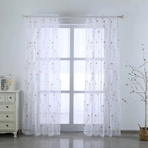 Vista 20 de Taisier Home Cortinas Traslúcidas Blancas Florales con Estampado de Flores y Bordado de Enredaderas para Dormitorio, Cortina con Bolsillo