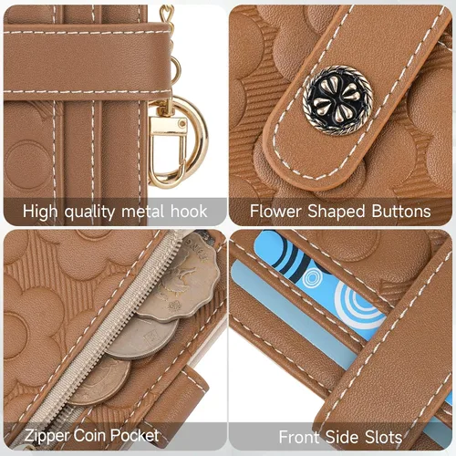 Vista 4 de Cartera RFID para mujer, delgada y pequeña, de piel con estampado de flores, plegable, compacta, con tarjetero y bolsillo para monedas, color marrón