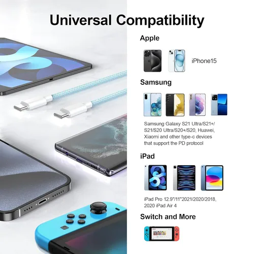 Vista 8 de Cable Carplay de coche para iPhone 17, cable de carga rápida, paquete de 3 unidades de 6 pies 60 W, USB A a USB C, multicolor, cable trenzado
