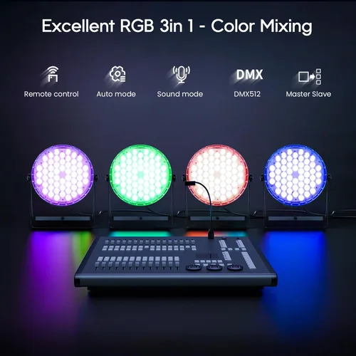 Vista 6 de BETOPPER - Luces par con control remoto, 54 x 3 W LED RGB 3-en-1 luces de escenario DMX luces de DJ, luces estroboscópicas y de lavado de brillo