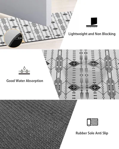 Vista 2 de Tapete de baño bohemio indio negro para bañera, antideslizante, de secado rápido y absorbente, de tierra de diatomeas, lavable, geométrico, nativo