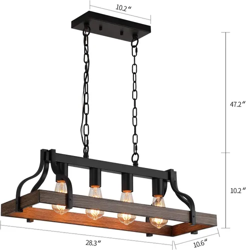 Vista 6 de MEIXISUE Lámpara rústica para isla de cocina, comedor, candelabro lineal estilo granja, acabado negro y madera retro, 4 luces, lámpara colgante