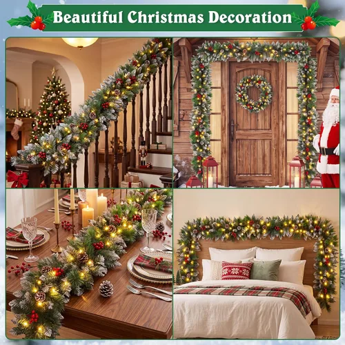 Vista 14 de Guirnalda de Navidad, Guirnalda de Navidad con Luces, Decoración de Navidad, 9 pies/2.7M, para Repisa de Chimenea, Hogar, Escaleras, Chimenea, Verde
