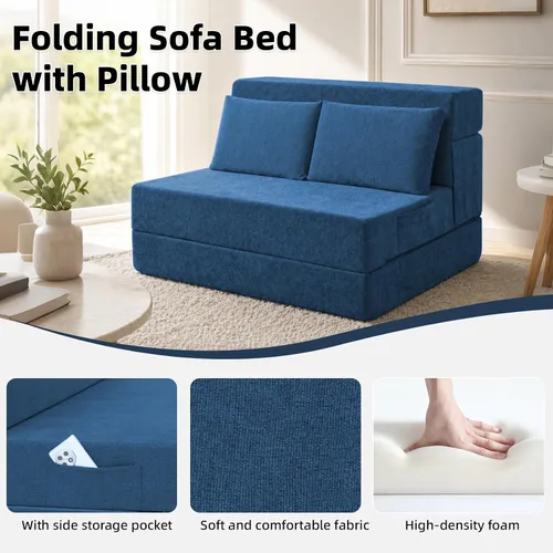 Vista 4 de Sofá cama plegable, silla convertible con almohada Chenille azul marino