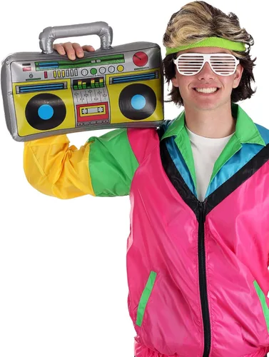 Vista 2 de Fun Costumes Accesorio inflable para disfraz de Boombox de los años 80, Boombox, controles impresos, altavoces, color gris