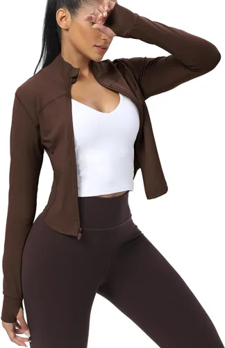 Vista 40 de AVGO Chaquetas de entrenamiento recortadas para mujer, con cremallera, ajustadas, atléticas, con agujeros para el pulgar