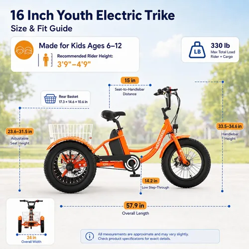 Vista 2 de MOONCOOL Triciclo eléctrico juvenil, 16 pulgadas, 250 W, E-Trike Naranja quemado