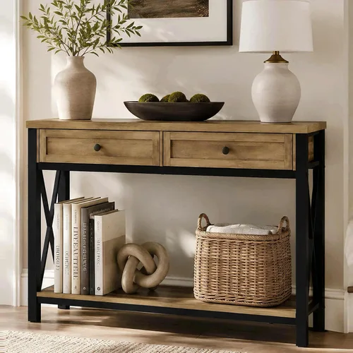 Vista 12 de BON AUGURE - Mesa de consola rústica detrás del sofá, mesa industrial de entrada con estantes, mesas de sofá de 3 niveles estilo granja para sala