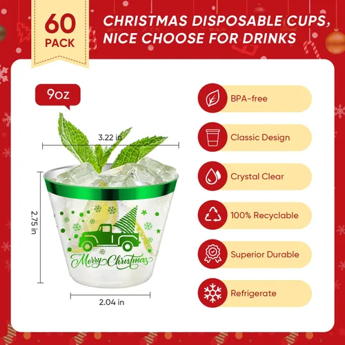 Vista 2 de 60 Pcs Vasos de Fiesta de Navidad de 9 oz, Vaso de Plástico Feliz Navidad, Vaso Transparente Desechable de Navidad con Borde Rojo y Verde, Vasos