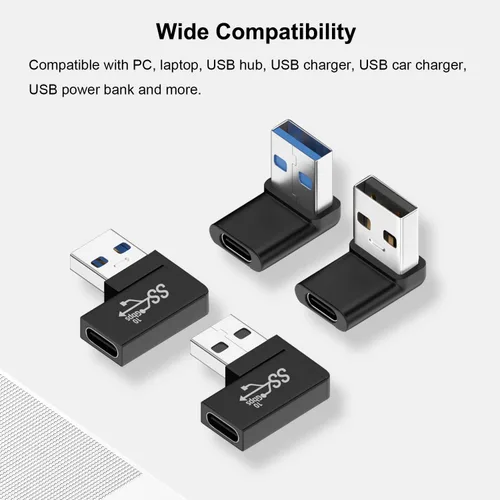 Vista 5 de Jadebones Adaptador USB a USB C de 90 grados (paquete de 4), ángulo vertical hacia arriba y hacia abajo, horizontal a la izquierda y en ángulo recto