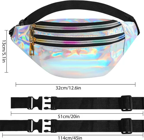 Vista 2 de ONUPGO Riñonera holográfica de 2 piezas para mujeres, niñas y hombres, riñonera brillante de color metálico, impermeable, holograma de poliuretano