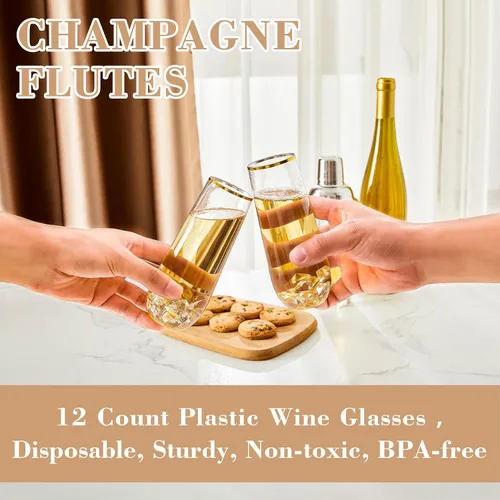 Vista 5 de N9R Copas de champán de plástico, 12 vasos desechables sin tallo de 9 onzas, vasos de tostado con borde dorado, vasos de cóctel transparentes