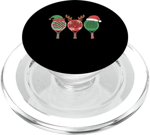 Vista 7 de Linda raqueta de pádel de Navidad, trío de elfos, renos, Papá Noel, PopSockets Adhesivo PopGrip