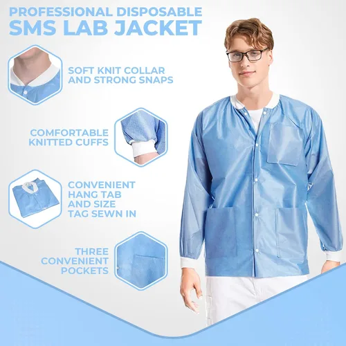 Vista 12 de Paquete de 10 chaquetas desechables de laboratorio, chaqueta médica reutilizable hasta la cadera, unisex, con puños de punto y bolsillos