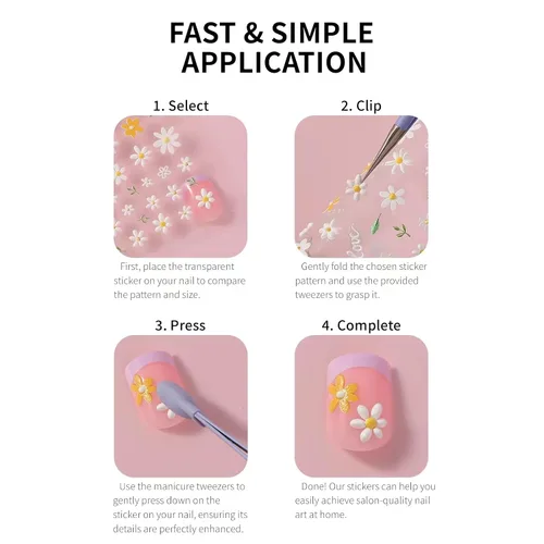 Vista 5 de Calcomanías de uñas, 4 hojas en relieve floral 5D, autoadhesivas para manicura de bricolaje