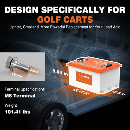 Vista 2 de Batería de litio de 48 V para carrito de golf TEMGO, batería LiFePO4 de 51.2 V y 100 Ah, BMS Bluetooth 200A integrado, incluye cargador de 56.8 V