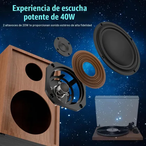 Vista 2 de Tocadiscos con altavoces de 40 W y entrada de salida Bluetooth para discos de vinilo, reproductor de discos de vinilo con preamplificador integrado