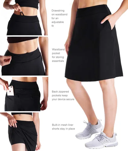 Vista 5 de Yogipace - Falda de mujer con largo a la rodilla modesta de 20 pulgadas, 4 bolsillos y protección UV, falda con pantalón corto para tenis, golf