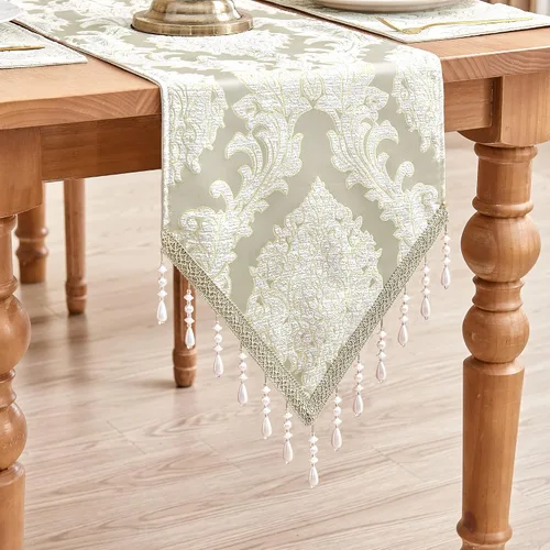 Vista 2 de Loom and Mill Camino de mesa de damasco de lujo de 13 x 72 pulgadas, elegante camino de mesa de comedor de tela jacquard con múltiples cuentas