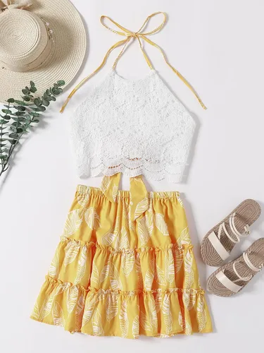 Vista 5 de LYANER Conjunto de 2 piezas para mujer, conjunto de blusa corta con encaje halter y minifalda floral