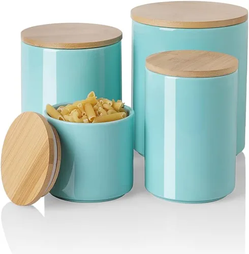 Vista 90 de Botes de Cocina Sweejar Tarro de Cerámica para Almacenamiento de Alimentos, Contenedores Apilables con Tapa de Madera de Sellado Hermético