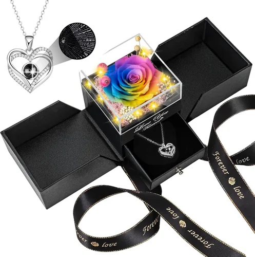 Vista 13 de Collar de rosas reales preservadas azules en caja con texto "I Love You" en 100 idiomas - Regalo único para mujeres, mamá, esposa, novia en el día