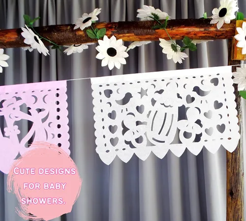 Vista 5 de Pancartas de fiesta de baby shower de niña rosa/blanca – Decoraciones de baby shower rosa Fiesta Papel Picado, guirnaldas de papel con serpentinas