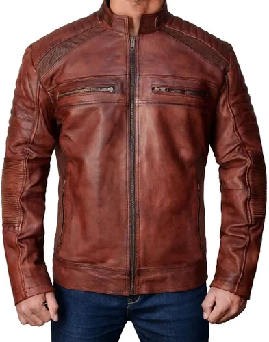 Vista 14 de Prime-Fashion Mens Vintage Motorcycle Distressed Retro Biker Leather Jacket
