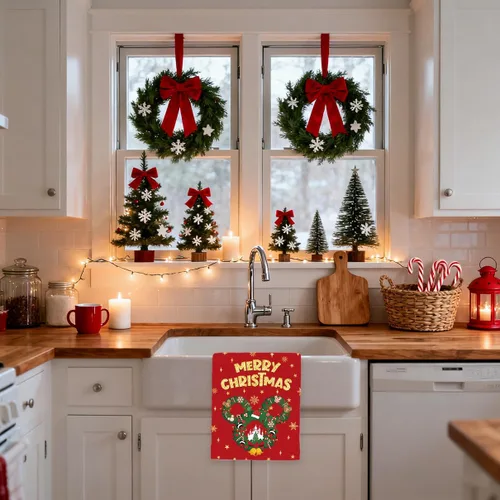 Vista 4 de Juego de 2 toallas de cocina con texto en inglés "Merry Christmas" (18 x 26 pulgadas), toallas de mano decorativas de Navidad para baño, hogar, hotel