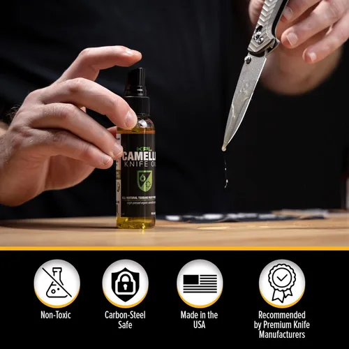 Vista 5 de Knife Pivot Lube Aceite de cuchillo de camelia para cuchillas - Tsubaki, aceite de afilado para limpieza y cuidado de cuchillas - Botella de spray