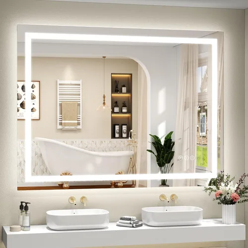 Vista 28 de Espejo de baño LED iluminado de 30 x 30 pulgadas para pared, espejo cuadrado de tocador con luces, regulable, antivaho, a prueba de roturas