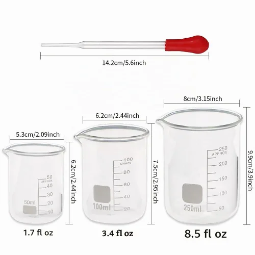 Vista 3 de Set de probeta graduada de vidrio SUPERLELE 10 ml 25 ml 50 ml 100 ml, juego de vasos de vidrio grueso 50 ml 100 ml 250 ml con 2 cuentagotas
