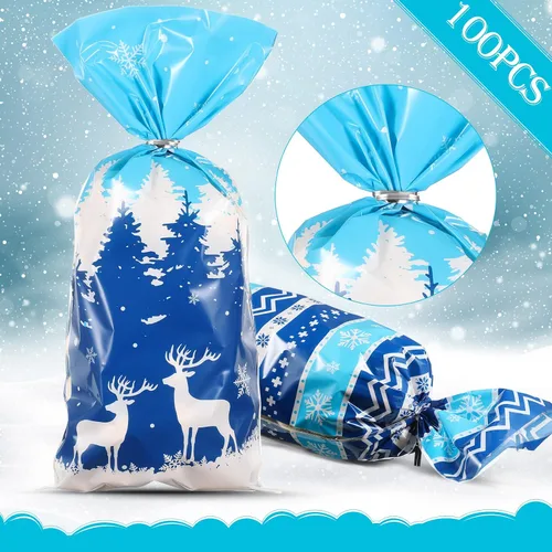 Vista 3 de Outus 120 bolsas de caramelos de celofán de invierno con copos de nieve de invierno, bolsas de plástico para violonchelo para galletas, temática