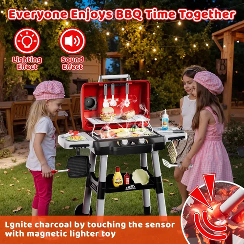 Vista 9 de Juguetes de cocina para niños, juego de parrilla BBQ para niños, juguete de barbacoa de 2 niveles con ruedas, sonido de humo y luz, juego