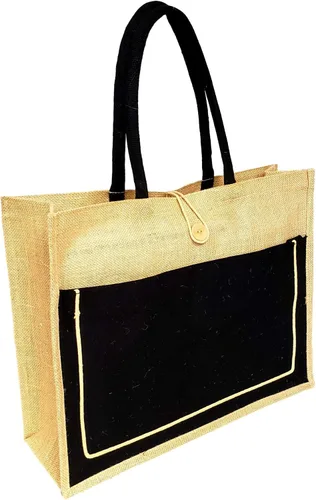 Vista 7 de SONA G DESIGNS Yute de estilo vintage con bolsillo de algodón negro reutilizable bolsa de compras grande Natural: sin bordado