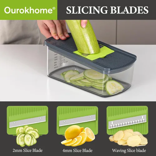 Vista 2 de Ourokhome Cortador de mandolina para cocina, rallador de verduras seguro para manos con 6 cuchillas de mandolina, cortador de gofres para papas