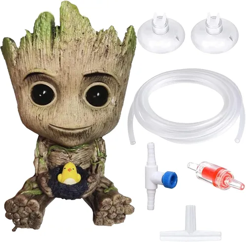 Vista 6 de TEEMO Decoraciones de Burbujeador de Aire Groot para Acuario, Decoraciones de Resina Marrón con Burbujeador de Aire para Acuario.