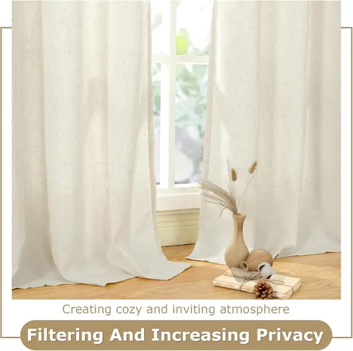 Vista 4 de Cortinas de lino natural mezclado semitransparentes con pestaña trasera para sala de estar, cortinas de lino texturizado estilo bohemio para filtrar
