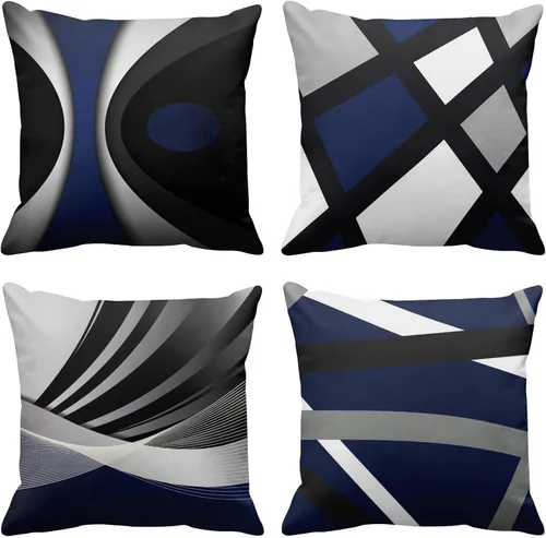 Vista 14 de Emvency Juego de 4 fundas de almohada negras modernas abstractas de rayas grises grises grises y blancas de acrílico llamativo, fundas de almohada